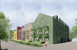 Computergeneriertes Modell einer Bebauung mit dreineinhalbgeschossigen Gebäuden mit Balkonen und Grün im Vordergrund