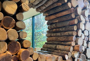 Foto von Rundhölzern, die so gestapelt sind, dass sie eine runde Öffnung freilassen. Durch die Öffnung sieht man in den Raum dahinter und dort durch ein Fenster ins Grüne.